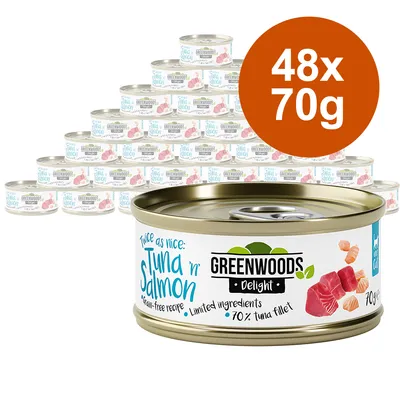 Greenwoods Delight hrana za mačke, tuna in losos, brez žitaric, 48 pločevink po 70g, 70% fileja tune, omejene sestavine.