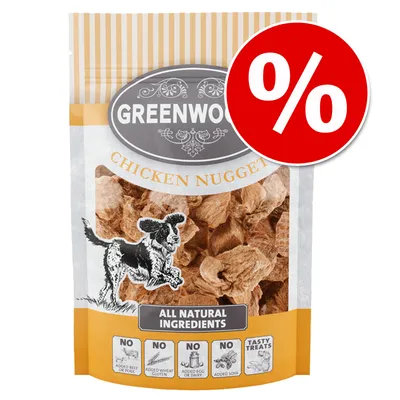 Embalagem de snacks para cães GREENWOOD Chicken Nugget, ingredientes naturais, sem carne de vaca/porco, glúten de trigo, ovo/laticínios ou soja. Sinal de desconto visível.