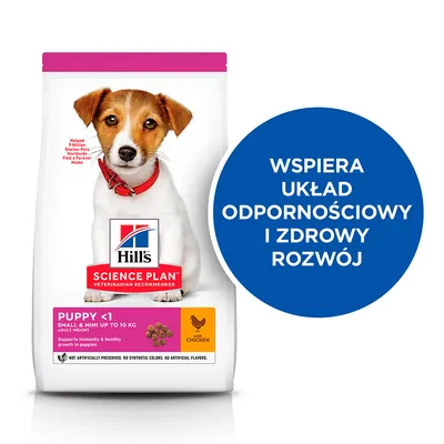 Hill's Science Plan Puppy <1 Small & Mini do 10 kg z kurczakiem. Wspiera układ odpornościowy i zdrowy rozwój. Widoczne granulki karmy i logo marki.