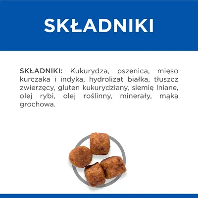 SKŁADNIKI: Kukurydza, pszenica, mięso kurczaka i indyka, hydrolizat białka, tłuszcz zwierzęcy, gluten kukurydziany, siemię lniane, olej rybi, olej roślinny, minerały, mąka grochowa.