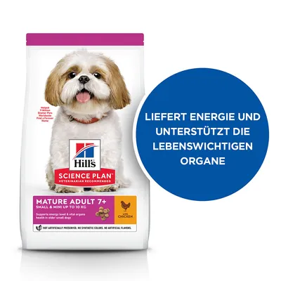 Hill's Science Plan Mature Adult 7+ Small & Mini bis 10 kg mit Huhn. Liefert Energie und unterstützt die lebenswichtigen Organe.