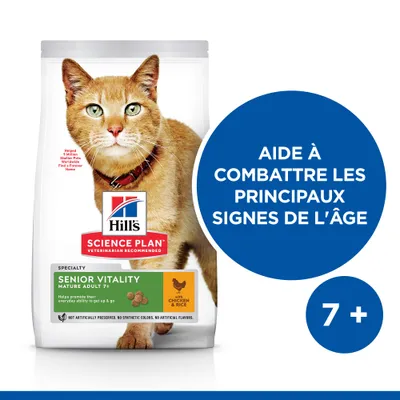 Hill's Science Plan Senior Vitality Mature Adult 7+ poulet & riz, aide à combattre les principaux signes de l’âge, pour chats âgés, visible sur l’emballage.
