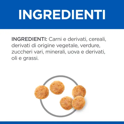 INGREDIENTI: Carni e derivati, cereali, derivati di origine vegetale, verdure, zuccheri vari, minerali, uova e derivati, oli e grassi. Cinque crocchette rotonde visibili.