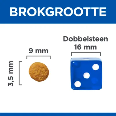 Brokformaat: brok van 9 mm breed en 3,5 mm hoog naast dobbelsteen van 16 mm. Vergelijking voor grootte-inschatting.