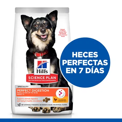 Hill's Science Plan Perfect Digestion Small & Mini up to 10 kg Adult 1+ con pollo y arroz integral. Texto visible: HECES PERFECTAS EN 7 DÍAS.