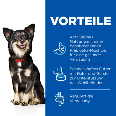 Vorteile: ActivBiome+ Nahrung mit Präbiotika-Mischung für gesunde Verdauung, schmackhaftes Futter mit Hafer und Gerste zur Unterstützung des Wohlbefindens, reguliert die Verdauung.
