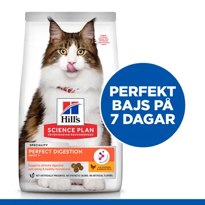 Hill's Science Plan Perfect Digestion Adult 1+ kattmat. Text: Perfekt bajs på 7 dagar. Supports ultimate digestive well-being & healthy microbiome. With chicken & brown rice.