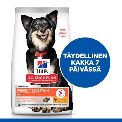 Hill's Science Plan Perfect Digestion Small & Mini up to 10 kg Adult 1+ -koiranruokapakkaus, teksti: Täydellinen kakka 7 päivässä. Supports ultimate digestive well-being & healthy microbiome.