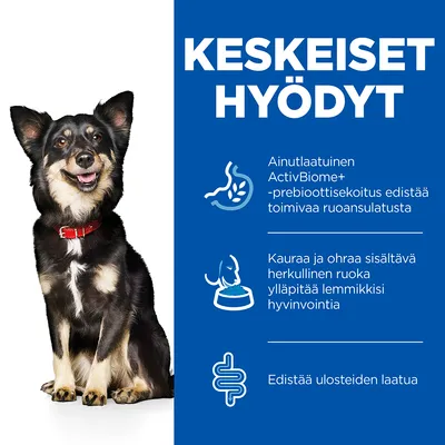 Keskeiset hyödyt: ainutlaatuinen ActivBiome+ -prebioottisekoitus edistää ruoansulatusta, kauraa ja ohraa sisältävä ruoka ylläpitää lemmikkisi hyvinvointia, edistää ulosteiden laatua.