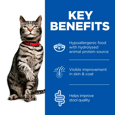 KEY BENEFITS: Hypoallergenic food with hydrolysed animal protein source, Visible improvement in skin & coat, Helps improve stool quality. Tekst på engelsk.