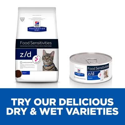 Hill's Prescription Diet Food Sensitivities z/d Original tør- og vådfoder til kat, billede af pose og dåse. Tekst: TRY OUR DELICIOUS DRY & WET VARIETIES.