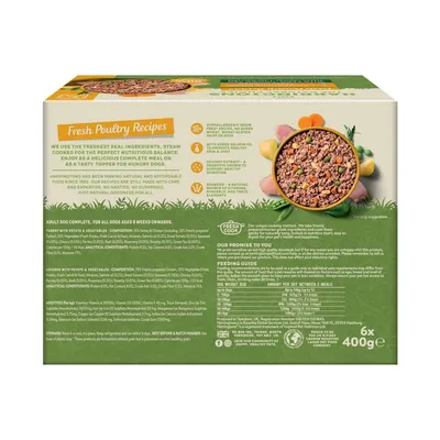 Back of pet food box showing fresh poultry recipes, key features like hypoallergenic grain-free, added salmon oil, feeding guide, ingredients list, and nutritional information.
