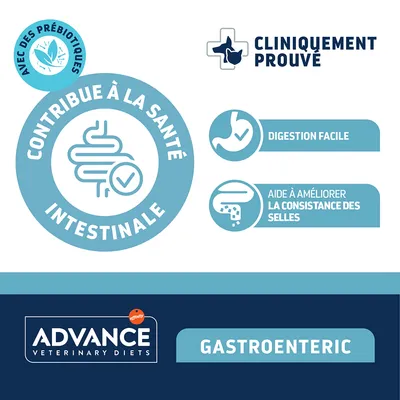 Advance Veterinary Diets Gastroenteric. Avec des prébiotiques, contribue à la santé intestinale, cliniquement prouvé, facilite la digestion et améliore la consistance des selles.
