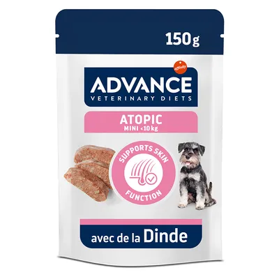 ADVANCE Veterinary Diets ATOPIC MINI <10 kg, 150 g, favorise la fonction cutanée, à la dinde. Illustration de morceaux de nourriture et de chien. ADVANCE Veterinary Diets ATOPIC MINI <10 kg, 150 g, favorise la fonction cutanée, à la dinde. Illustration de morceaux de nourriture et de chien.