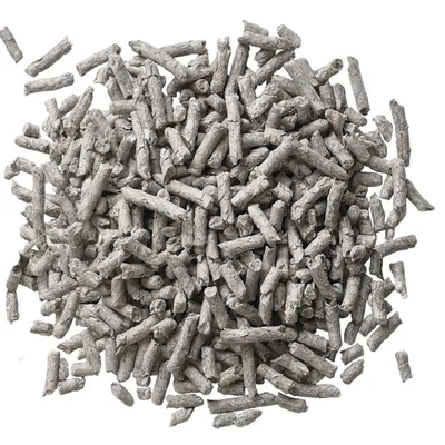 Grey, pellet-shaped litter made from compressed material, suitable for animal cages or bedding.
