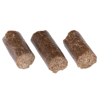 Three cylindrical brown pet food treats shown on a white background, displaying their texture and size.
