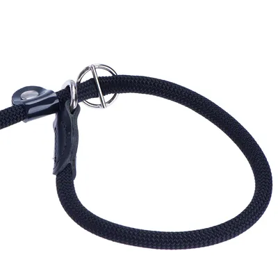 Schwarzes Hundehalsband aus geflochtenem Material mit Metallring und verstellbarem Verschluss.