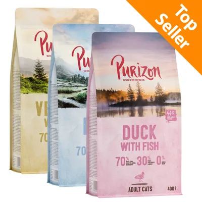 Purizon Duck with Fish per gatti adulti, 400 g. Testo visibile: 70% ingredienti animali, 30% verdure ed erbe, 0% cereali, 44% proteine. Etichetta arancione: Top Seller.