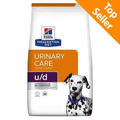 Hill's Prescription Diet Urinary Care u/d per cani, raccomandato dai veterinari. Etichetta Top Seller visibile in alto a destra.