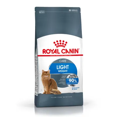 Confezione di Royal Canin Care Light Weight per gatti, testo visibile: 'Proven results over 90%', immagine di un gatto sul fronte, indicazione di fibre e L-carnitina.