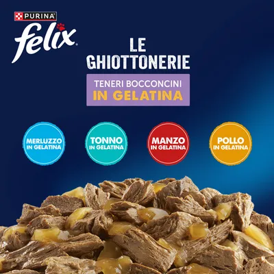 Felix Le Ghiottonerie in Gelatina 80 x 85 g - Mix Carne e Pesce: Manzo, Pollo, Tonno, Merluzzo