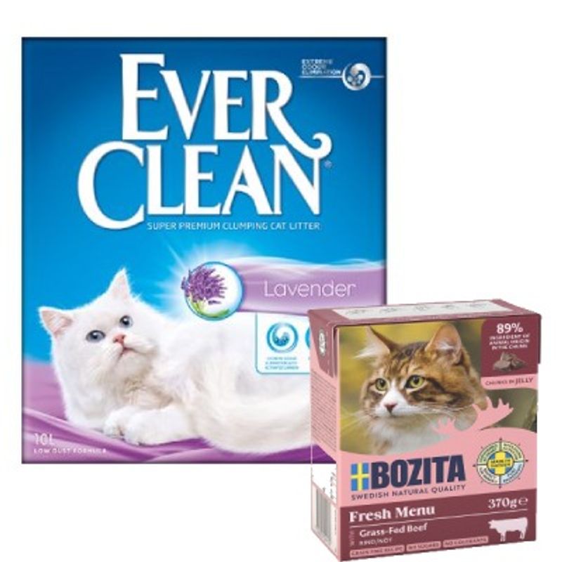 45 % rabatt! 10 l Ever Clean® Lavender + 6 x 370 g Bozita våtfoder