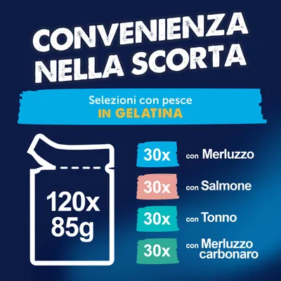 Maxi formato: Felix Le Ghiottonerie 120 x 85 g - Varietà di pesce (Tonno, Salmone, Merluzzo carbonaro, Merluzzo) Maxi formato: Felix Le Ghiottonerie 120 x 85 g - Varietà di pesce (Tonno, Salmone, Merluzzo carbonaro, Merluzzo)