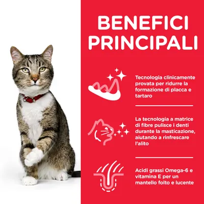 BENEFICI PRINCIPALI: tecnologia clinicamente provata per ridurre placca e tartaro, fibre che puliscono i denti e rinfrescano l’alito, Omega-6 e vitamina E per mantello folto e lucente.
