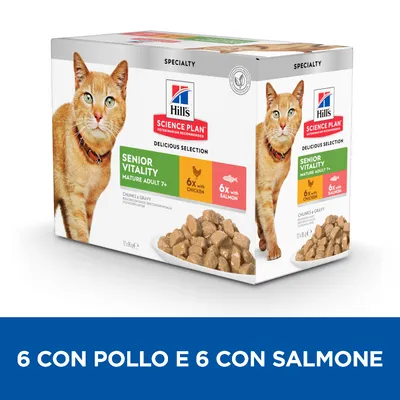 Hill's Science Plan Senior Vitality Mature Adult 7+, confezione da 12 buste: 6 con pollo, 6 con salmone. Bocconcini in salsa per gatti anziani. Immagine di gatto e crocchette visibili.