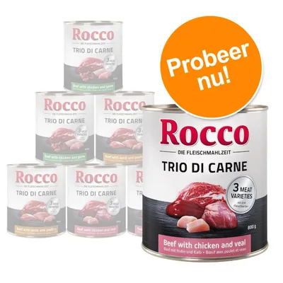 Rocco Trio di Carne, 800 g blik, 3 meat varieties, beef with chicken and veal. Probeer nu! Tekst op verpakking deels in het Engels en Duits.