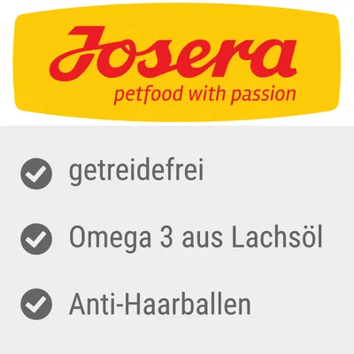 Josera petfood with passion. getreidefrei, Omega 3 aus Lachsöl, Anti-Haarballen. Texte en allemand.