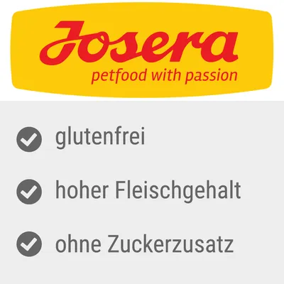 Josera petfood with passion. glutenfrei, hoher Fleischgehalt, ohne Zuckerzusatz (текст на немецком языке)