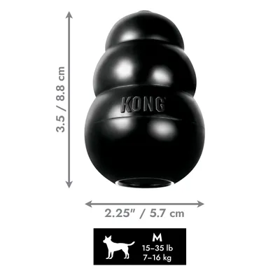 KONG igrača, velikost M, mere: 8,8 cm visoka, 5,7 cm široka. Za živali s telesno težo od 7 do 16 kg (15–35 lb). KONG igrača, velikost M, mere: 8,8 cm visoka, 5,7 cm široka. Za živali s telesno težo od 7 do 16 kg (15–35 lb).