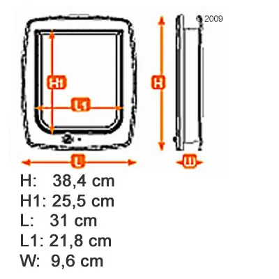 Diagram dimensiuni: H 38,4 cm, H1 25,5 cm, L 31 cm, L1 21,8 cm, W 9,6 cm. Vedere frontală și laterală cu săgeți indicând măsurătorile.