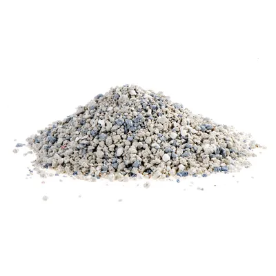 Pile of mixed granulated litter with grey and white particles shown on a white background.
