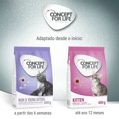 Dois sacos de ração Concept for Life para gatos: Mum & Young Kittens 400 g (a partir das 6 semanas) e Kitten 400 g (até aos 12 meses). Texto visível: Adaptado desde o início.