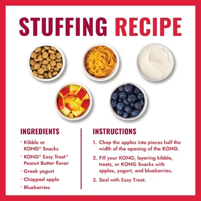 Recipe for KONG filling: Ingredients are dry food, KONG Easy Treat Peanut Butter, Greek yoghurt, apple pieces and blueberries. Instructions visible in three steps. Recipe for KONG filling: Ingredients are dry food, KONG Easy Treat Peanut Butter, Greek yoghurt, apple pieces and blueberries. Instructions visible in three steps.