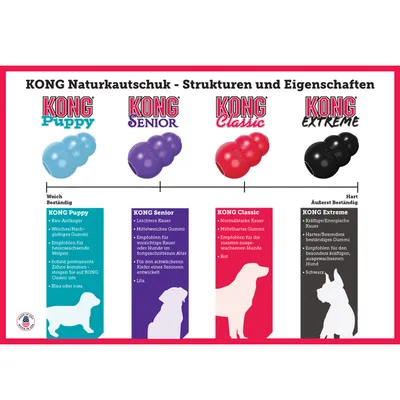 Tabella comparativa KONG: Puppy (blu/rosa), Senior (lilla), Classic (rosso), Extreme (nero) con descrizioni in tedesco su resistenza e utilizzo per diversi tipi di cane.