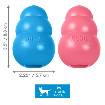 Dve KONG igrači, mere: 8,8 cm visoko, 5,7 cm široko. Velikost M za 7,–16 kg, 15,–35 lb.