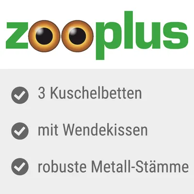 Zooplus. 3 Kuschelbetten, mit Wendekissen, robuste Metall-Stämme.