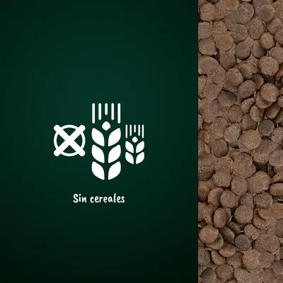 Pienso en croquetas marrones junto a icono de espigas tachadas y texto 'Sin cereales'.