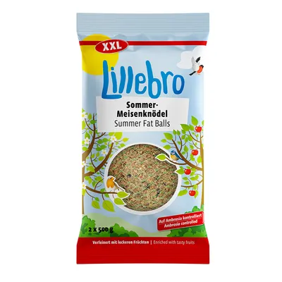 Lillebro Sommer-Meisenknödel Summer Fat Balls XXL, 2 x 500 g. Op Ambrosia gecontroleerd. Verrijkt met lekkere vruchten. Tekst deels in het Duits en Engels.