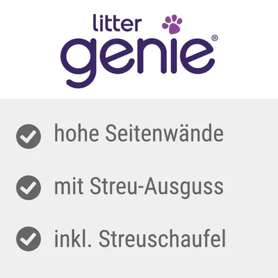 Litter Genie. Hohe Seitenwände, mit Streu-Ausguss, inkl. Streuschaufel.