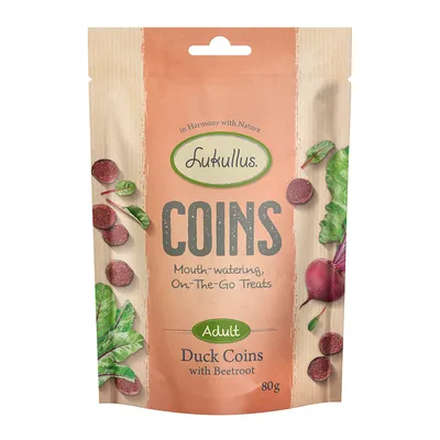 Lukullus Coins Adult. Деликатеси с патица и червено цвекло, 80g. Хапки за път. In Harmony with Nature.