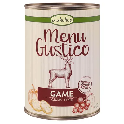 Boîte Lukullus Menu Gustico, GAME GRAIN-FREE, 400 g. Texte visible : Ingredients in human-grade quality. Illustration de cerf, pommes de terre, courge et baies.