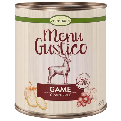 Lukullus Menu Gustico Game Grain-Free, 800 g. Teksti: Ingredients in human-grade quality. Kuvitus: hirvi, kurpitsa, peruna, marjoja.