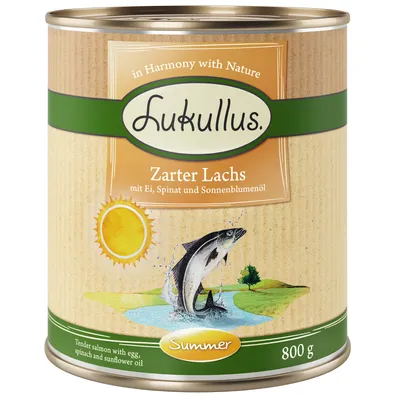 Lukullus Salmone tenero con uovo, spinaci e olio di girasole. Edizione estiva, lattina da 800 g.