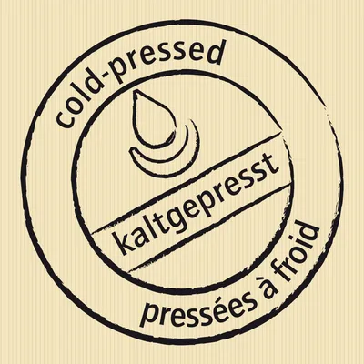 Keurmerk met de tekst: cold-pressed, kaltgepresst, pressées à froid. Beeld bevat een druppel symbool. Tekst in Engels, Duits en Frans.