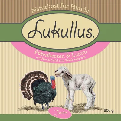 Lukullus Naturkost für Hunde, Putenherzen & Lamm mit Hirse, Apfel und Traubenkernöl, Junior, 800 g. Tekst w języku niemieckim.