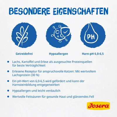 Besondere Eigenschaften: getreidefrei, hypoallergen, Harn-pH 6,0-6,5. Lachs, Kartoffel, Erbse als Proteinquellen, wertvolles Lachsprotein, leicht verdaulich, gesunde Haut und Fell.